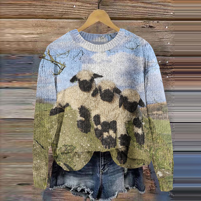 Sheep Print Casual Knitted Pullover Sweater