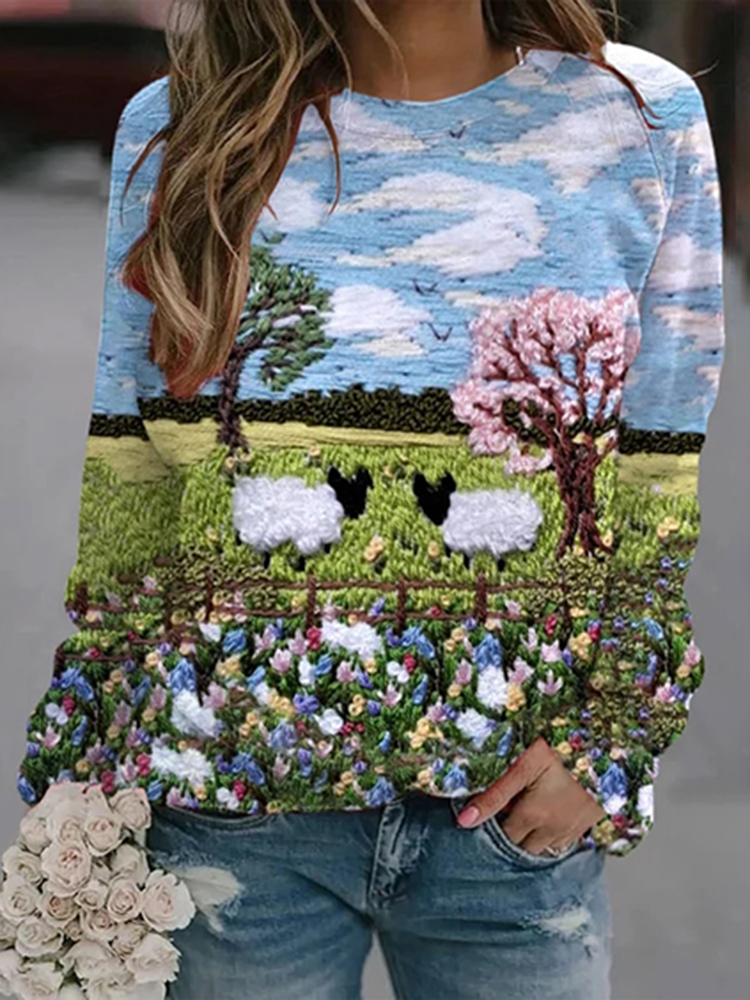 Women's Cute Sheep Print Crew Neck Sweatshirt