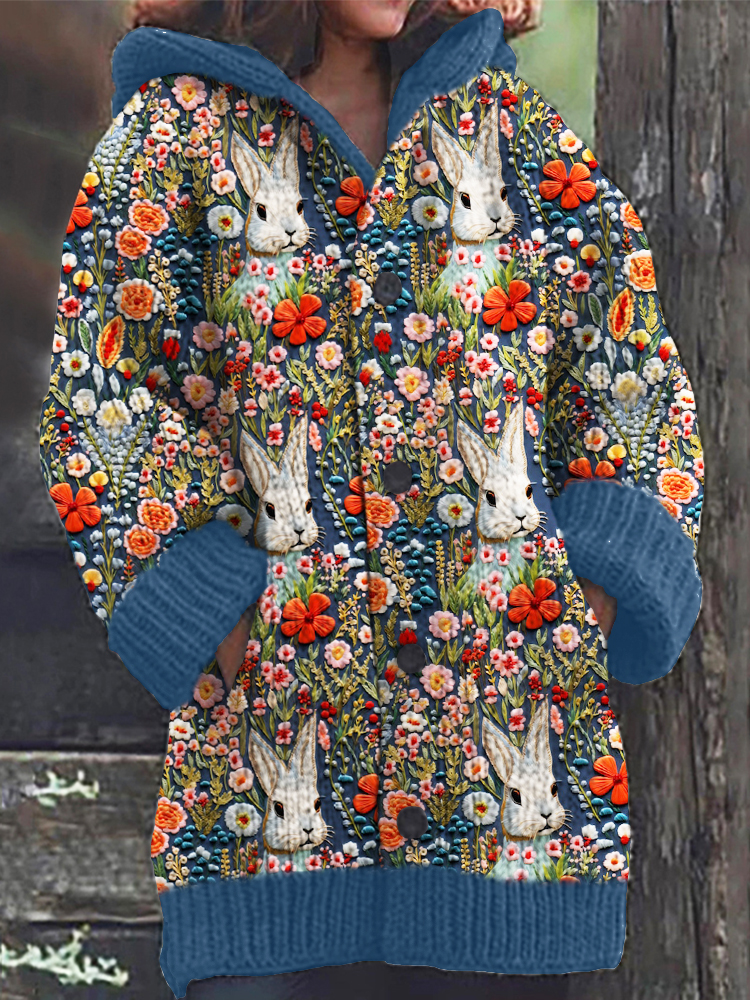 Easter Flower Bunny Pattern Cozy Hooded Cardigan