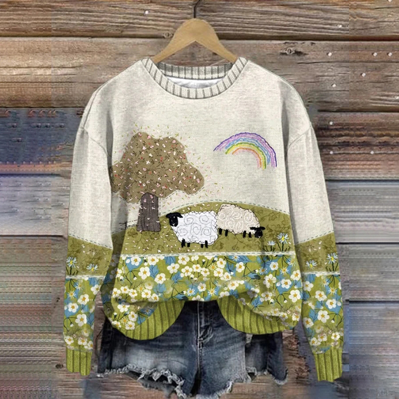 Women's Animal Sheep Art Comfort Print Casual Sweatshirt