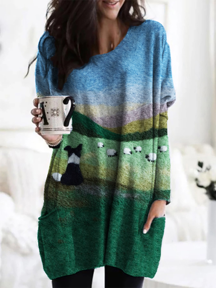 Border Collie & Sheep Landscape Felt Art Cozy Tunic