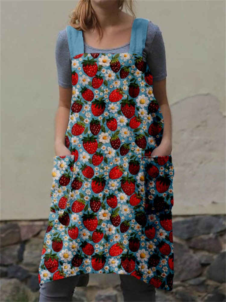 Felt Strawberries and Flowers Embroidered Cross Back Apron