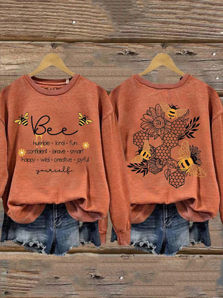Bee Print Round Neck Long Sleeve Sweatshirt