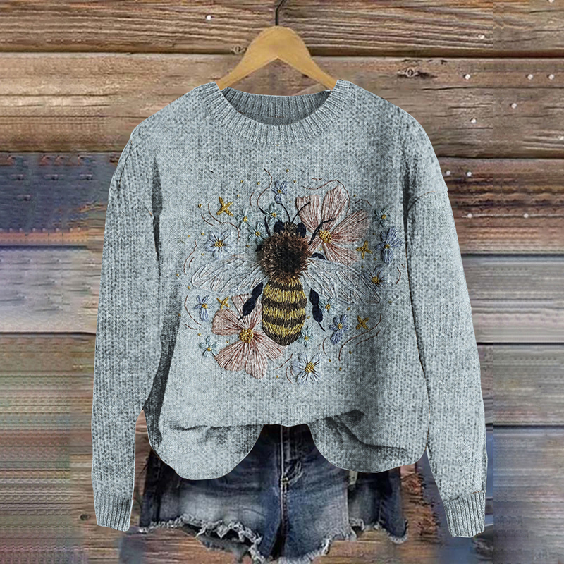 Bee Embroidery Printed Cozy Knit Sweater