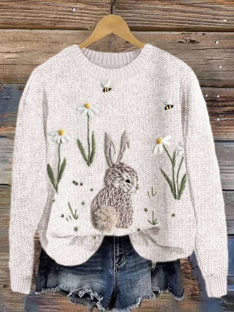 Cute Bunny Embroidery Art Cozy Knit Sweater