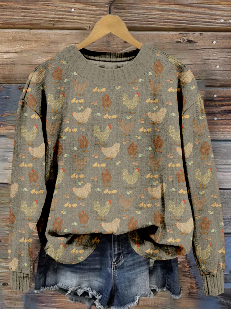 Vintage Hens and Chicks Pattern Cozy Knit Sweater