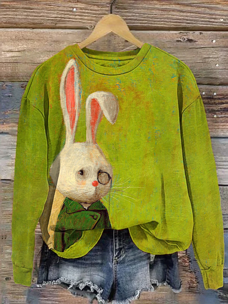 Oil Painting Bunny Print Casual Cozy Sweatshirt