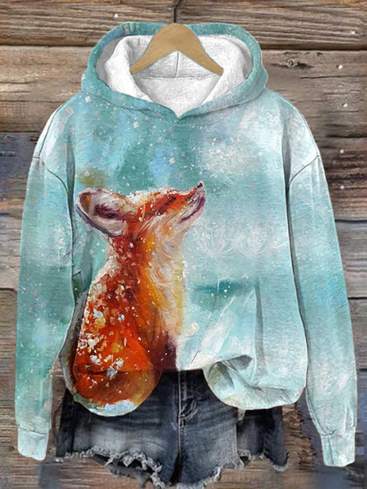 Fox Print Long Sleeve Casual Hoodie