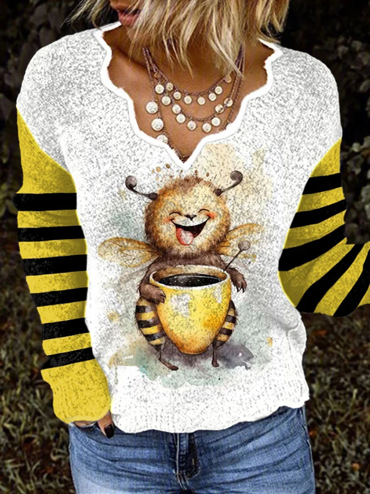 Women's Casual Bee Stripes Print V-Neck Knitted Sweater