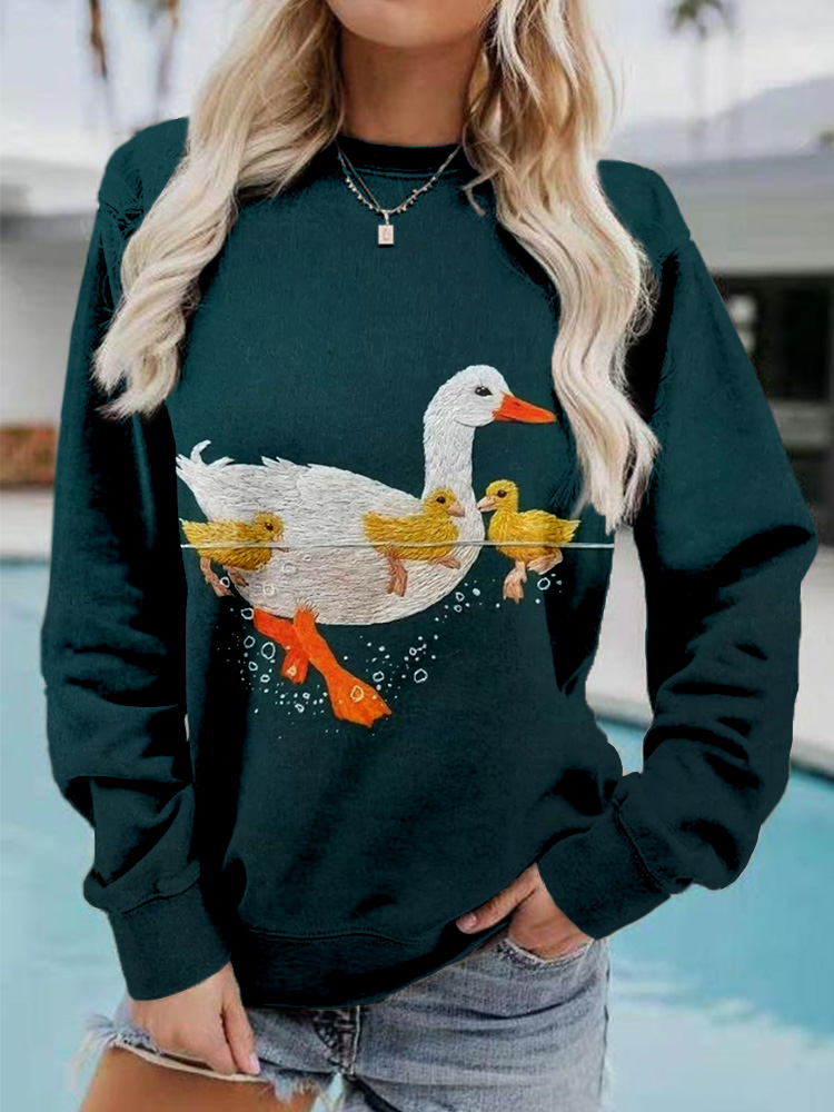 Cute Ducks Embroidery Art Vintage Cozy Sweatshirt