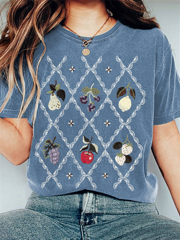 Fruit Embroidered Pattern Lace Cozy Vintage T-Shirt