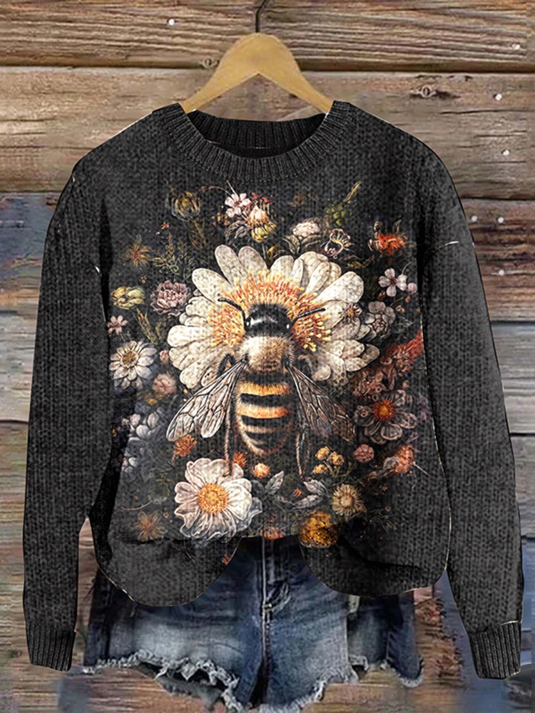Bee Flower Print Knitted Pullover Sweater