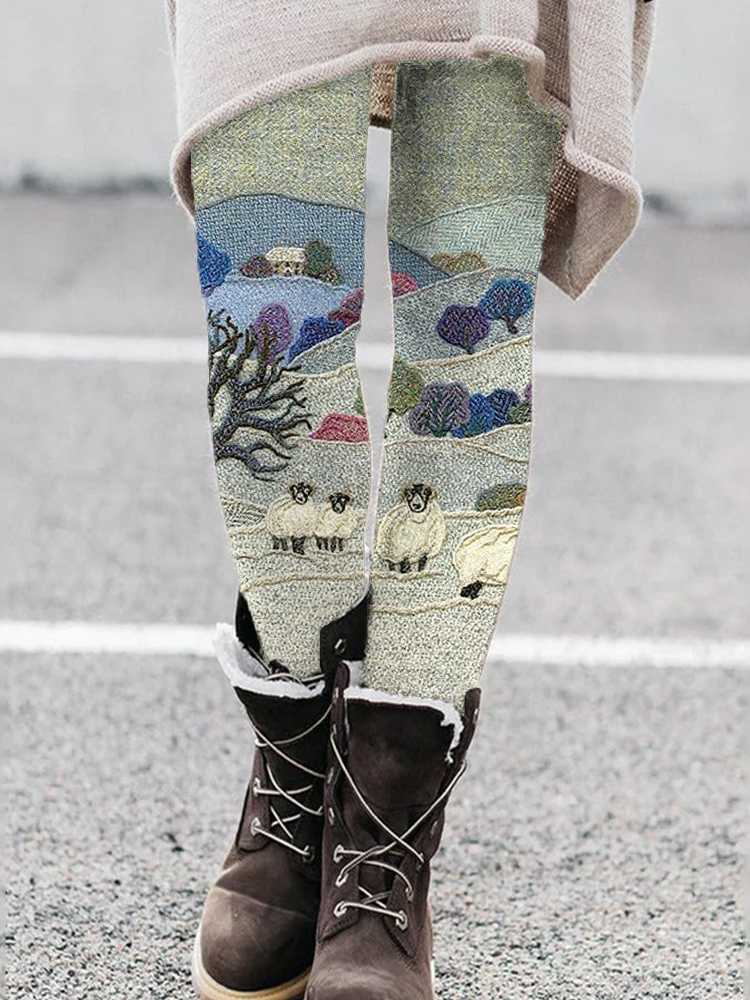 Field & Sheep Pattern Comfortable Leggings