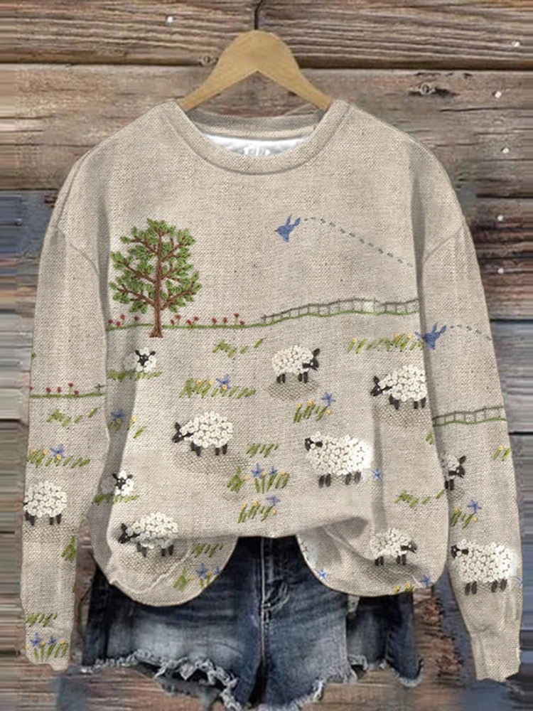 Women's Sheep Farm Landscape Embroidery Cozy Print Sweatshirt