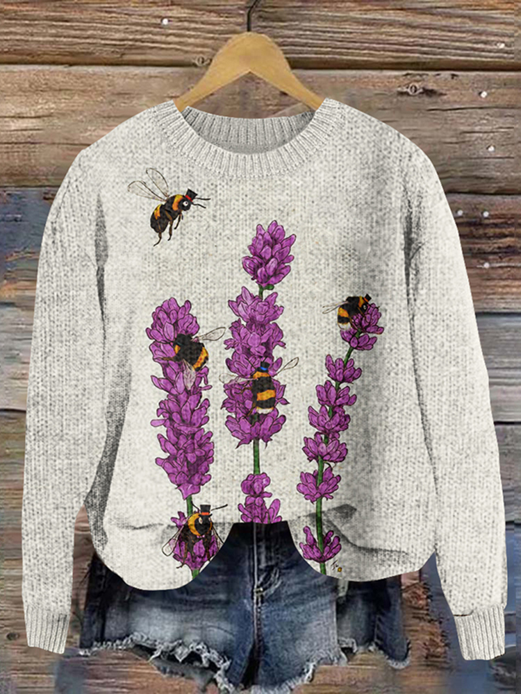 Floral Cute Bees Pattern Cozy Knit Sweater