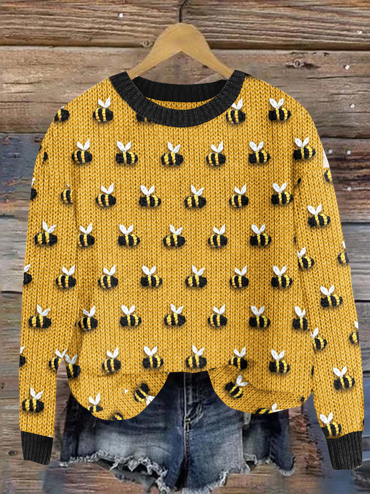 Bee Print Contrast Crew Neck Knitted Sweater