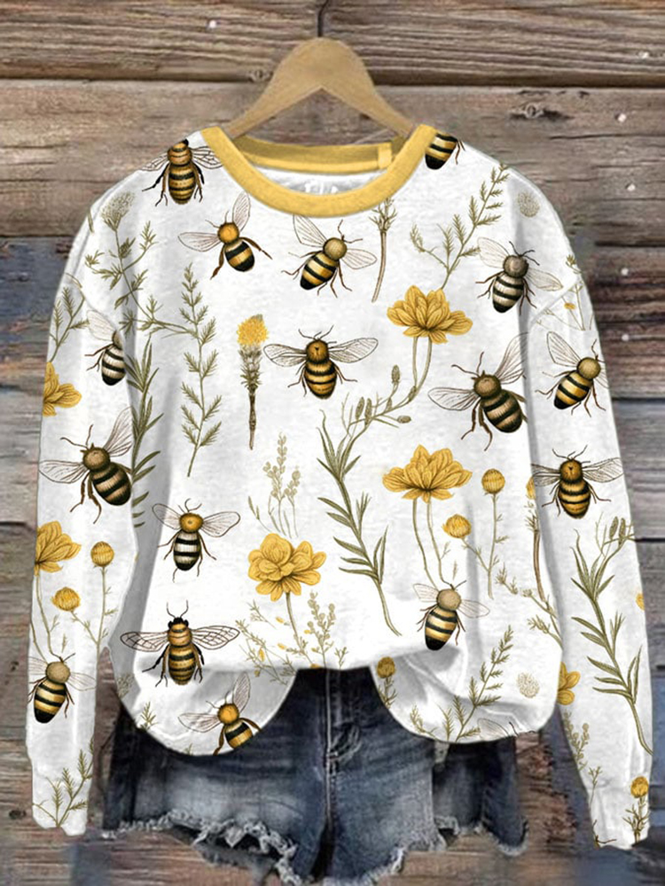 Bee Printed Round Neck Casual Long Sleeve Sweatshirt