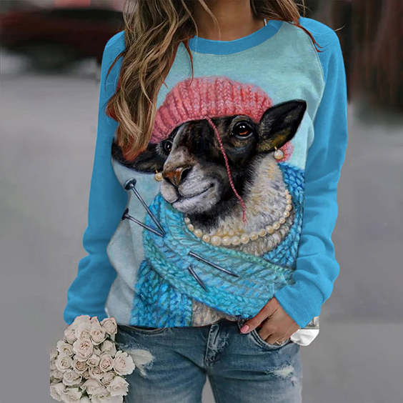 Winter Sheep Print Round Neck Sweatshirt