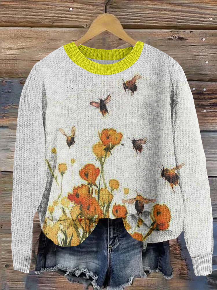 Cute Bees Embroidery Pattern Cozy Knit Sweater