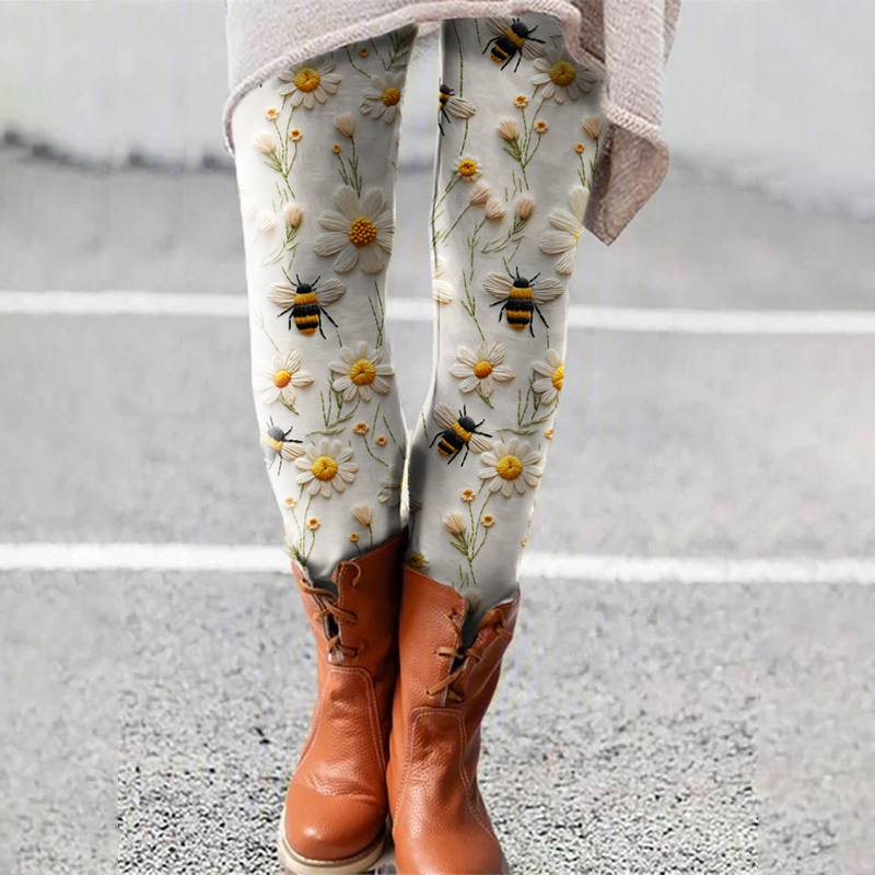 Daisy Bee Embroidery Art Print Casual Leggings