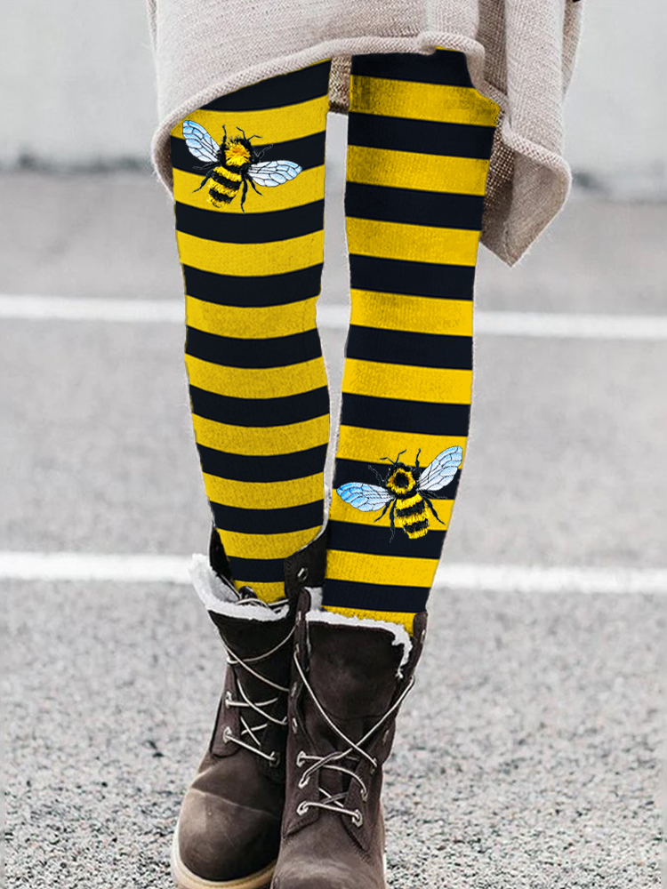 Fringed Bee Insect Pattern Striped Leggings