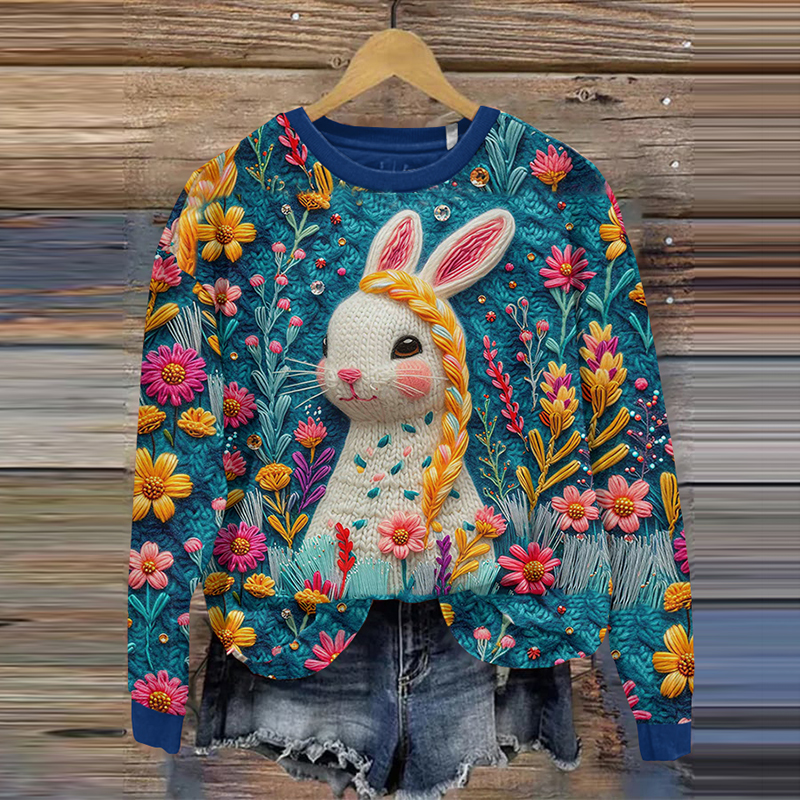 Women's Funny Bunny And Floral Print Casual Sweatshirt
