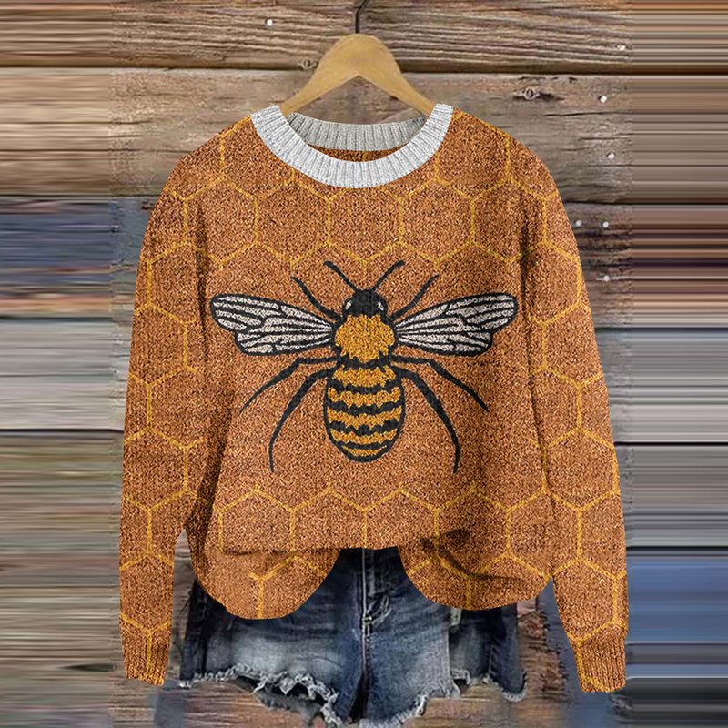 Funny Bees Pattern Cozy Knit Sweater