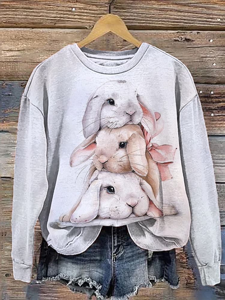 Watercolor Bunny Art Painting Casual Cozy Sweatshirt