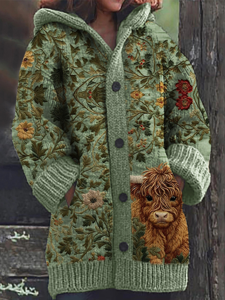 Highland Cow Floral Embroidery Pattern Cozy Hooded Cardigan