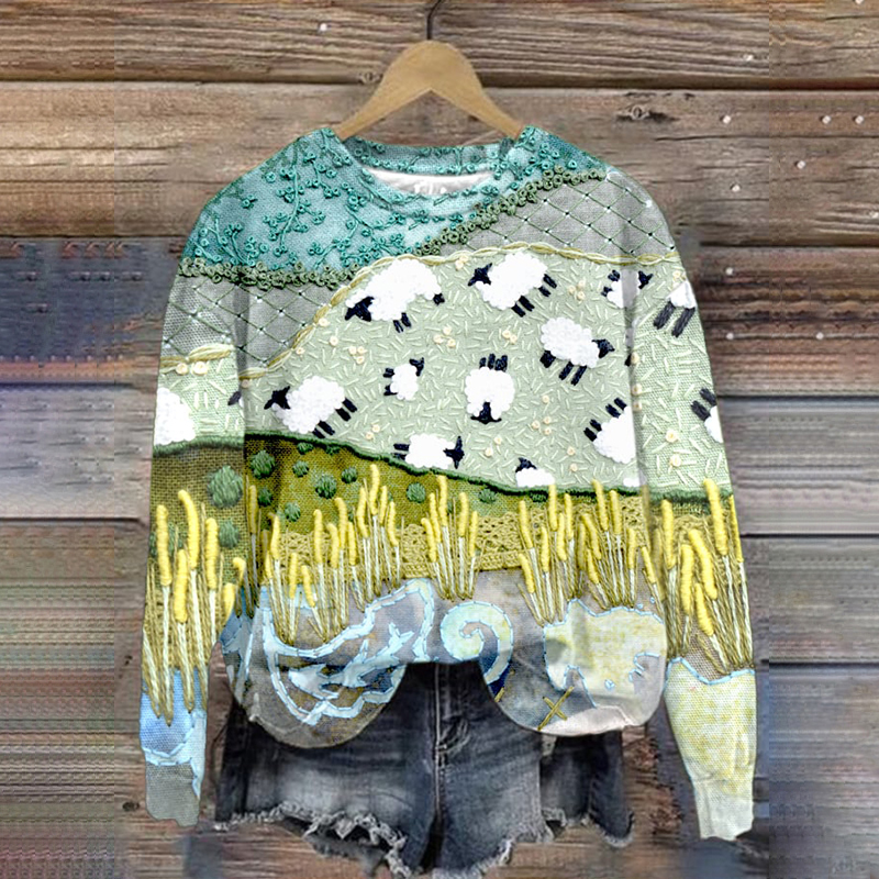 Sheep Art Print Crew Neck Long Sleeve Sweatshirt