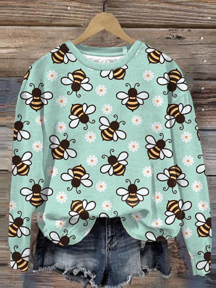 Women's Bee Print Round Neck Long Sleeve Sweatshirt