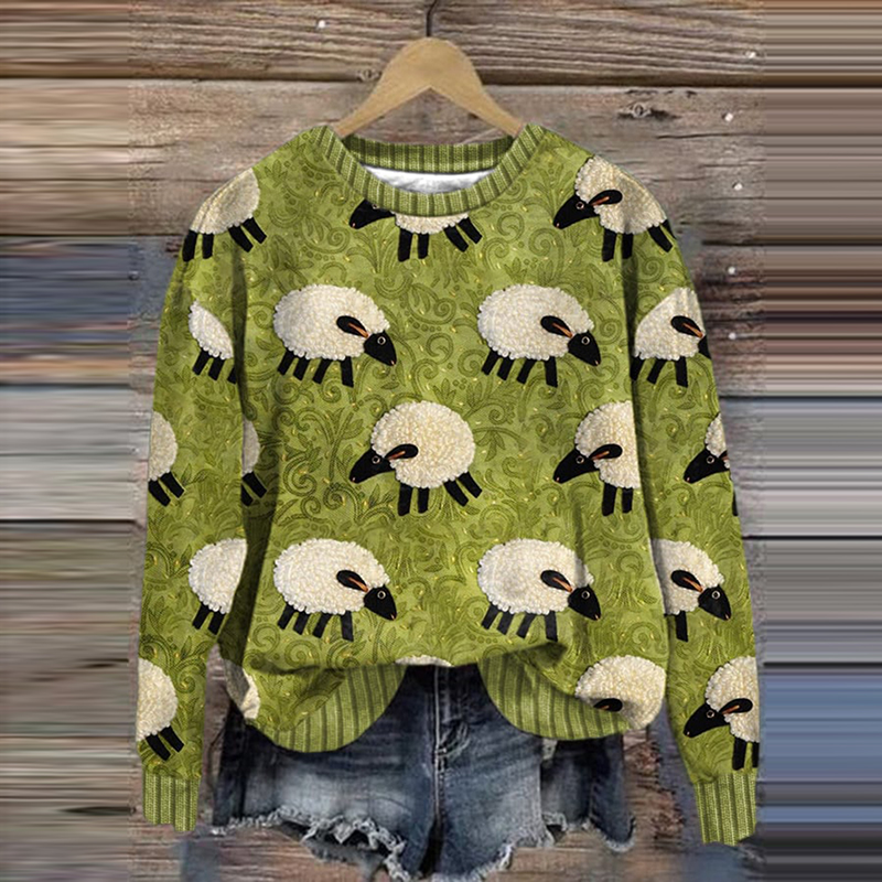 Cute Sheep Print Print Crew Neck Long Sleeve Sweatshirt