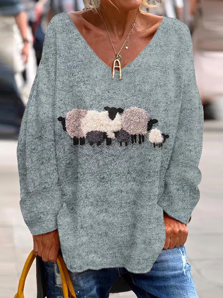Women's Sheep Print V-Neck T-Shirt