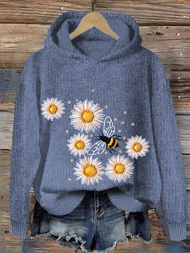 Bee & Flower Embroidery Hooded Sweater