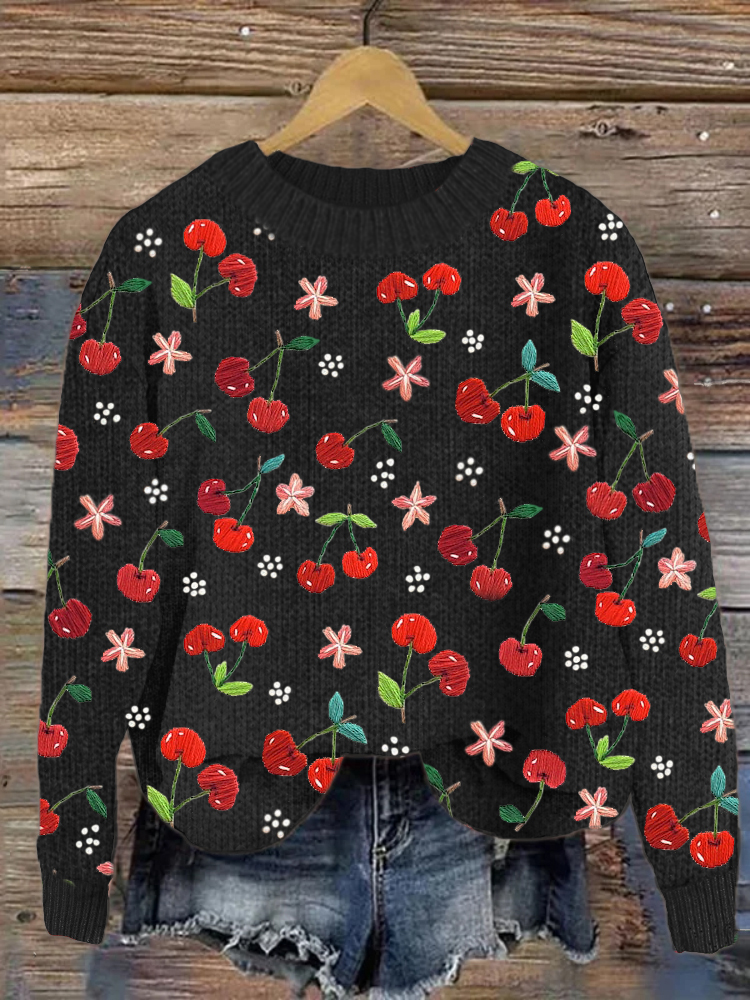 Cherry & Flower Print Cozy Knit Sweater