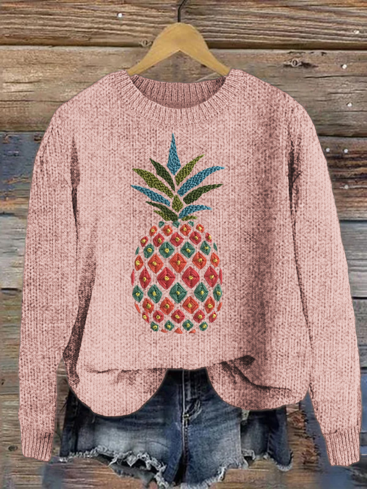 Pineapple Embroidery Cozy Knit Sweater