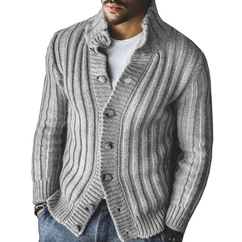 Men's Stand Collar Casual Striped Knit Cardigan