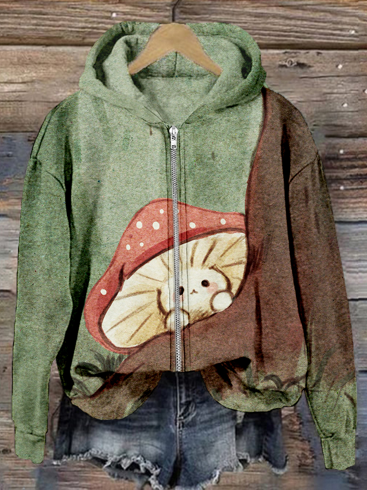 Cute Mushroom Graphic Comfy Zip Up Hoodie