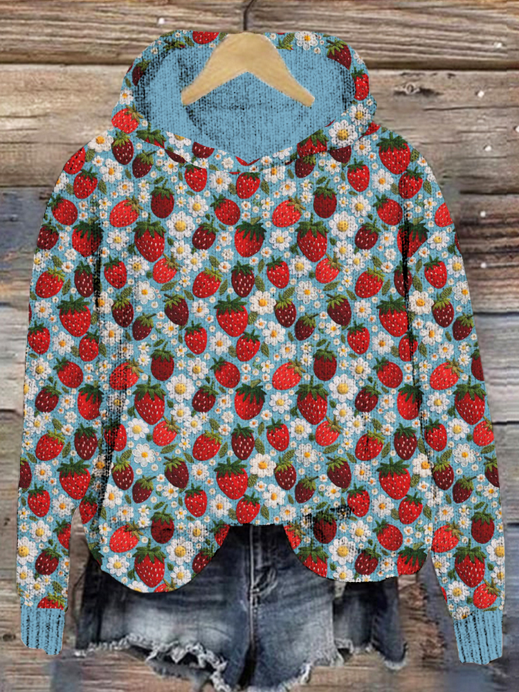 Felt Strawberries and Flowers Embroidery Art Cozy Knit Hoodie