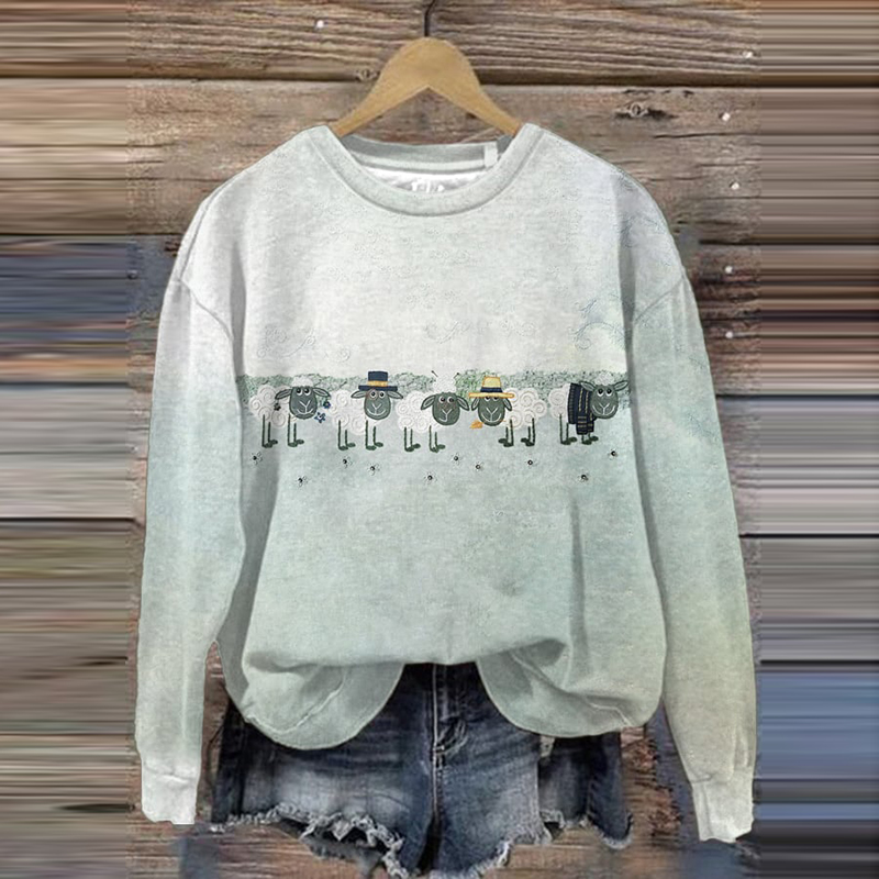 Farm Sheep Print Round Neck Sweatshirt