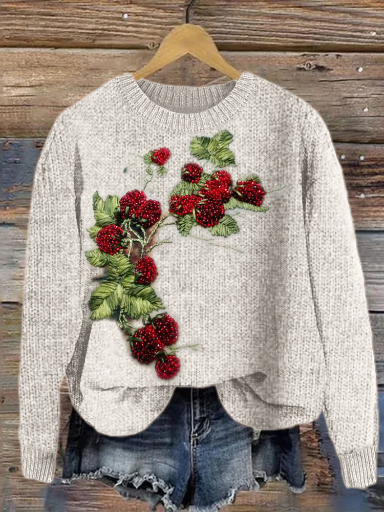 Raspberry Beaded Embroidery Art Cozy Knit Sweater