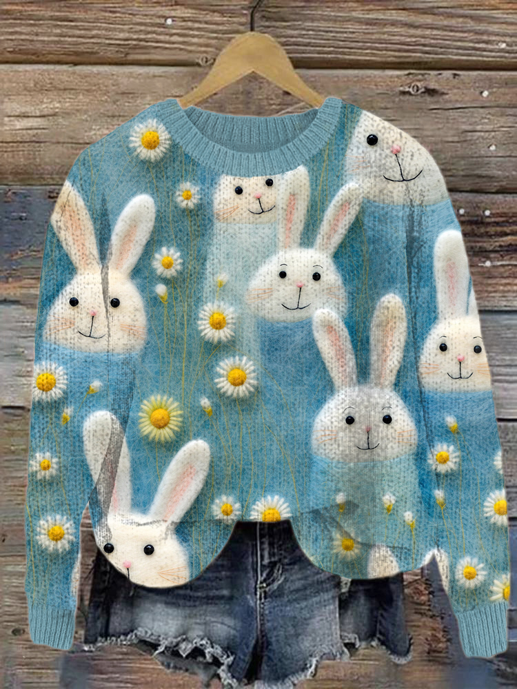 Rabbit & Daisy Felt Art Cozy Knit Sweater