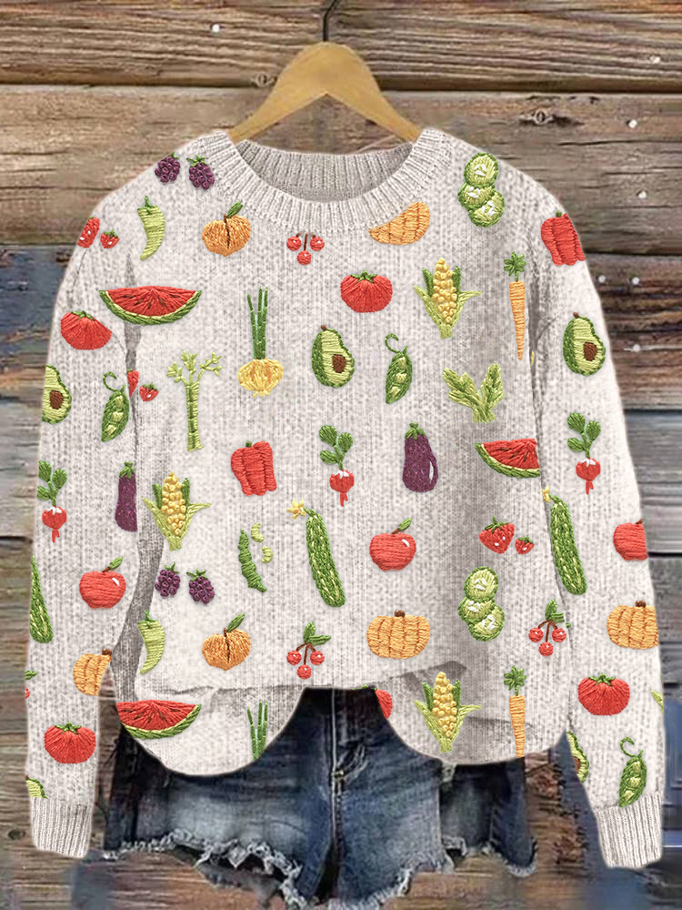 Vegetables & Fruits Embroidery Art Cozy Knit Sweater