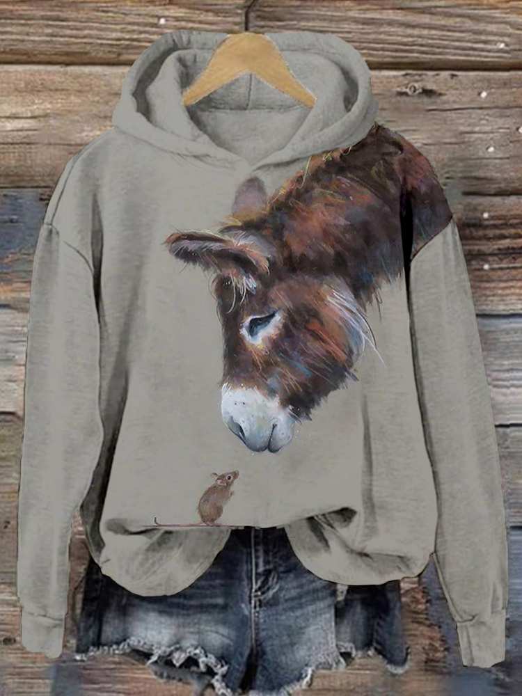 Donkey and Mouse Pattern Vintage Cozy Hoodie