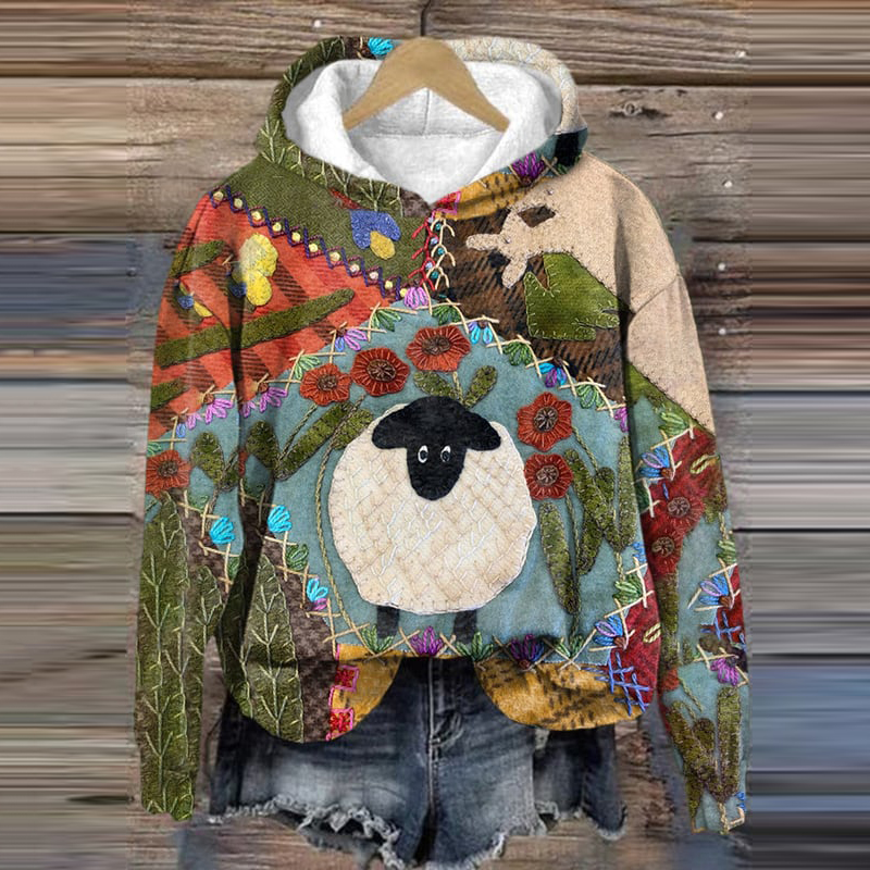 Vintage Sheep Print Long Sleeve Hoodie