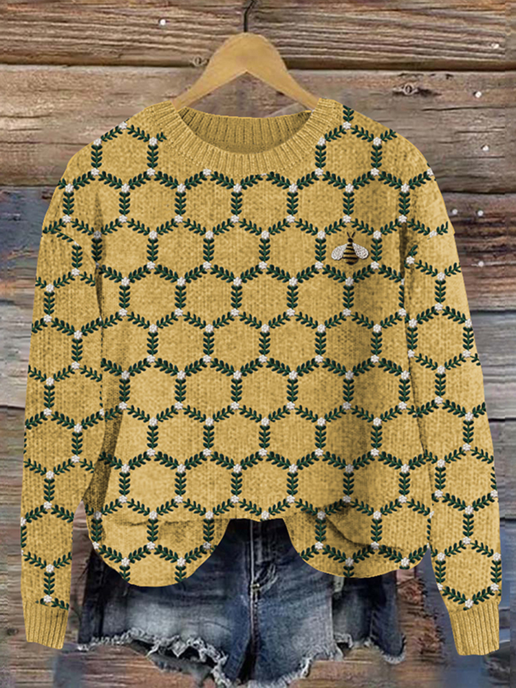 Bees Embroidery Pattern Cozy Knit Sweater