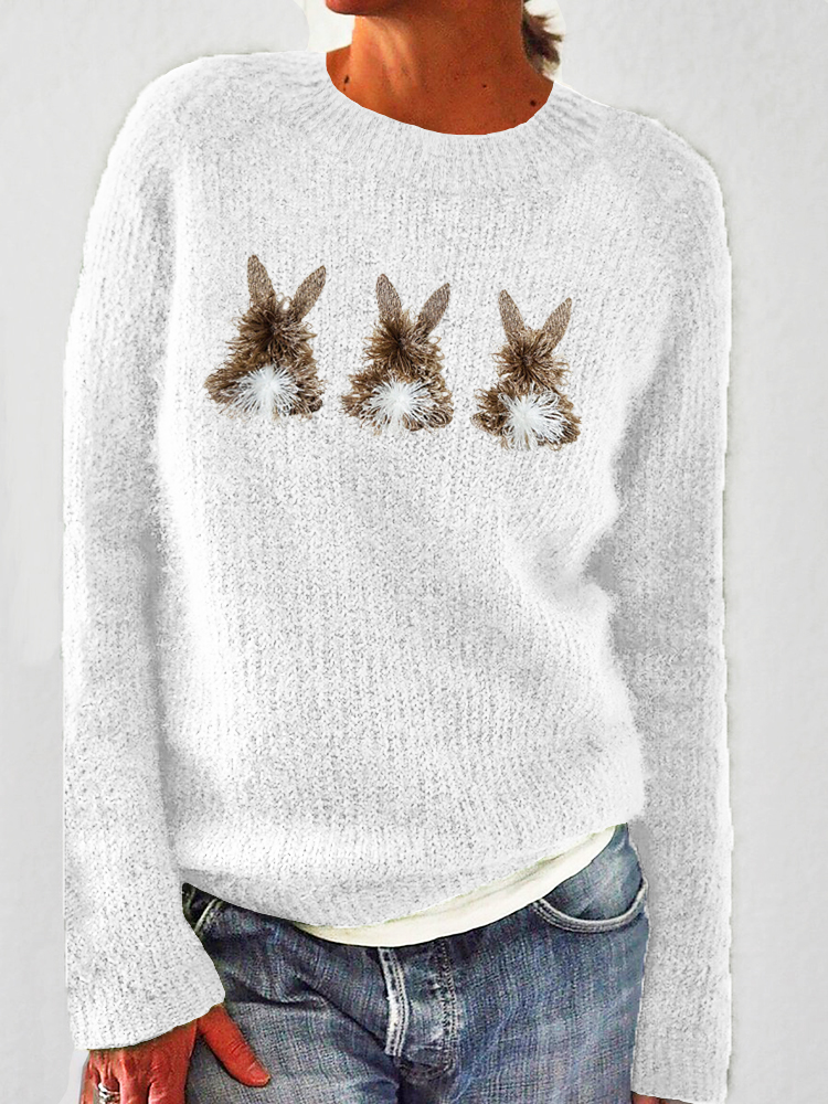 Fringed Triple Bunnies Embroidery Cozy Knit Sweater
