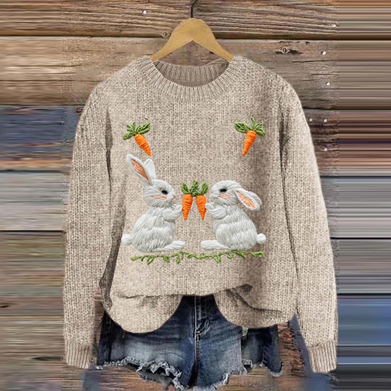 Women's Cute Bunny And Radish Print Round Neck Sweater