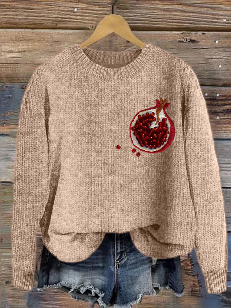 Pomegranate Beaded Embroidery Art Cozy Knit Sweater