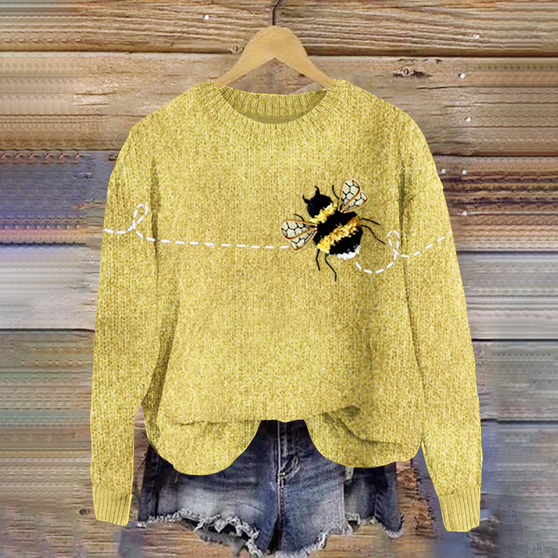 Flying Bees Wool Felt Art Graphics Cozy Knit Sweater